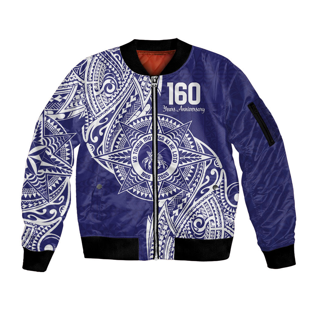 Personalised Tonga Tupou College Tolo 160th Anniversary Sleeve Zip Bomber Jacket Special Kupesi Pattern LT9 Unisex Blue - Polynesian Pride