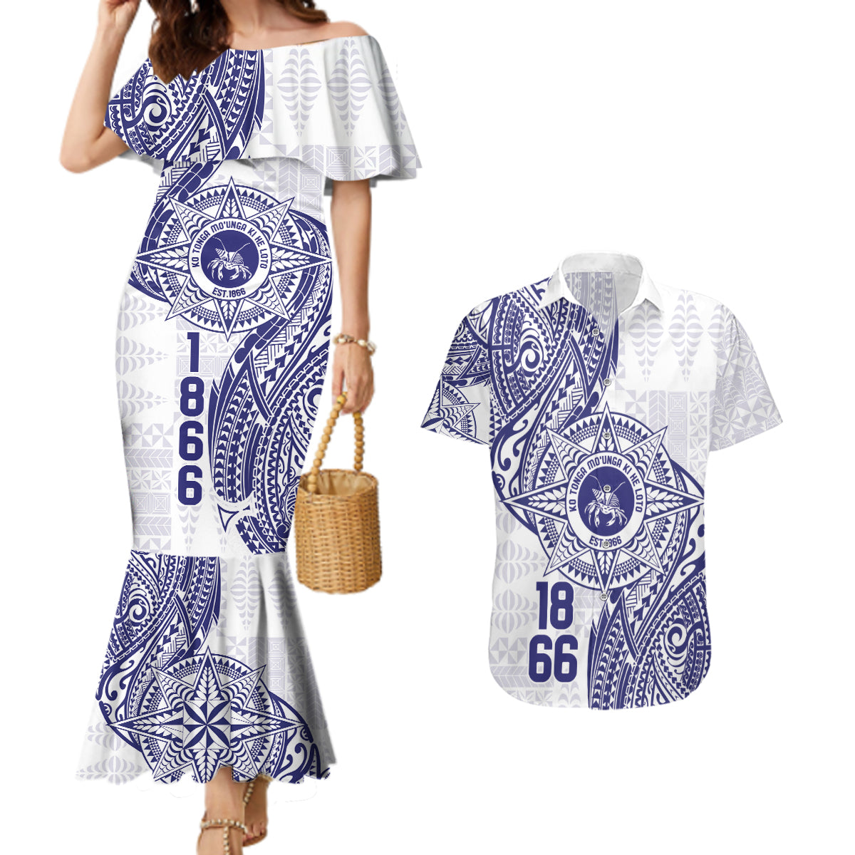 Personalised Tonga Tupou College Tolo Couples Matching Mermaid Dress and Hawaiian Shirt Since 1866 Special Kupesi Pattern