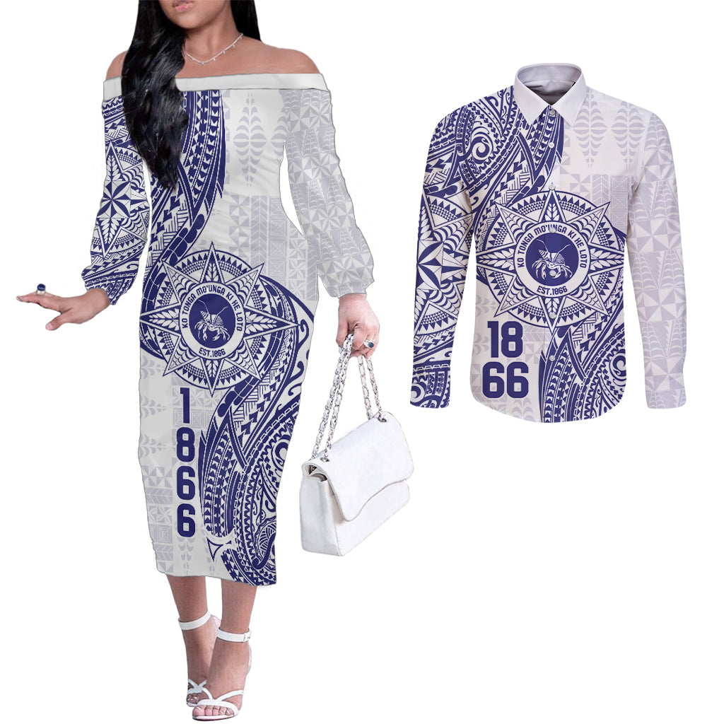 Personalised Tonga Tupou College Tolo Couples Matching Off The Shoulder Long Sleeve Dress and Long Sleeve Button Shirt Since 1866 Special Kupesi Pattern