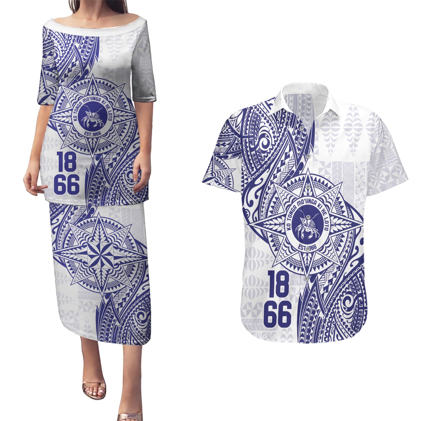 Personalised Tonga Tupou College Tolo Couples Matching Puletasi and Hawaiian Shirt Since 1866 Special Kupesi Pattern