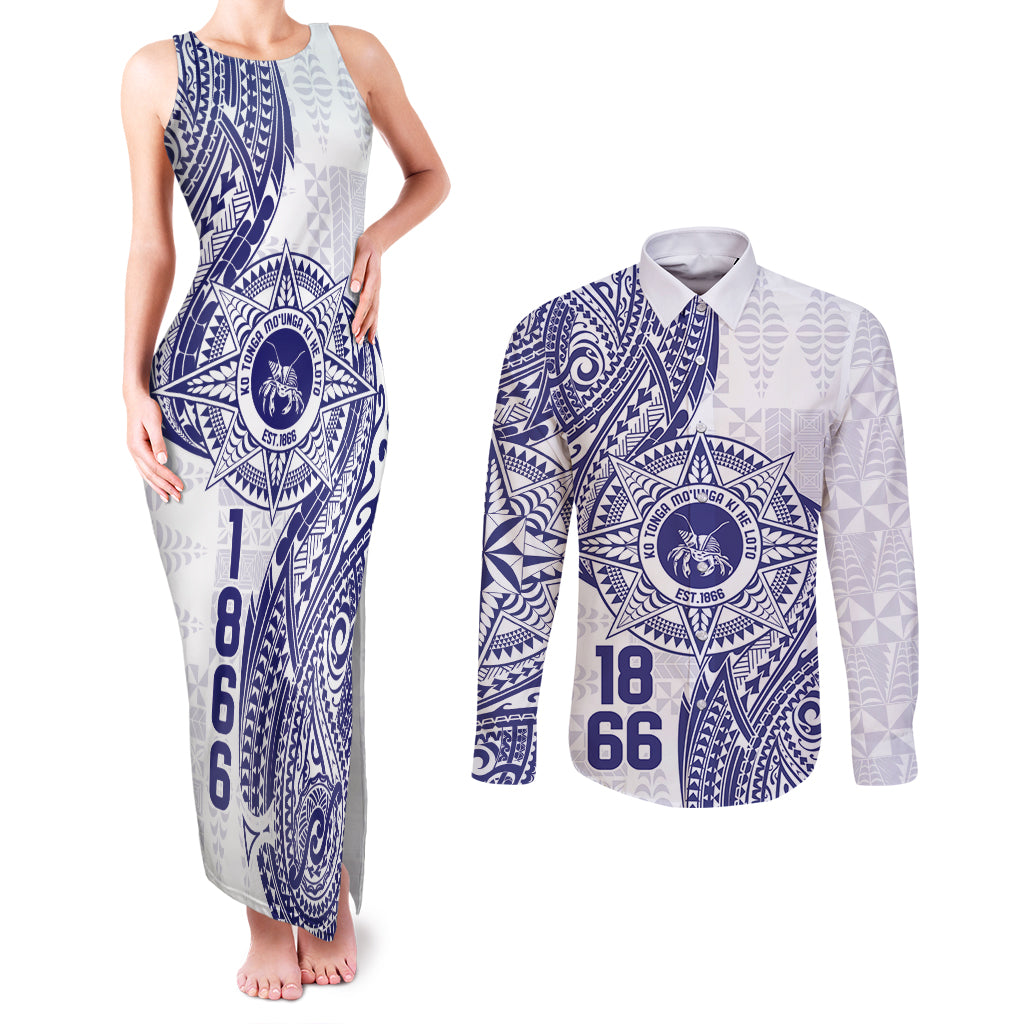 Personalised Tonga Tupou College Tolo Couples Matching Tank Maxi Dress and Long Sleeve Button Shirt Since 1866 Special Kupesi Pattern