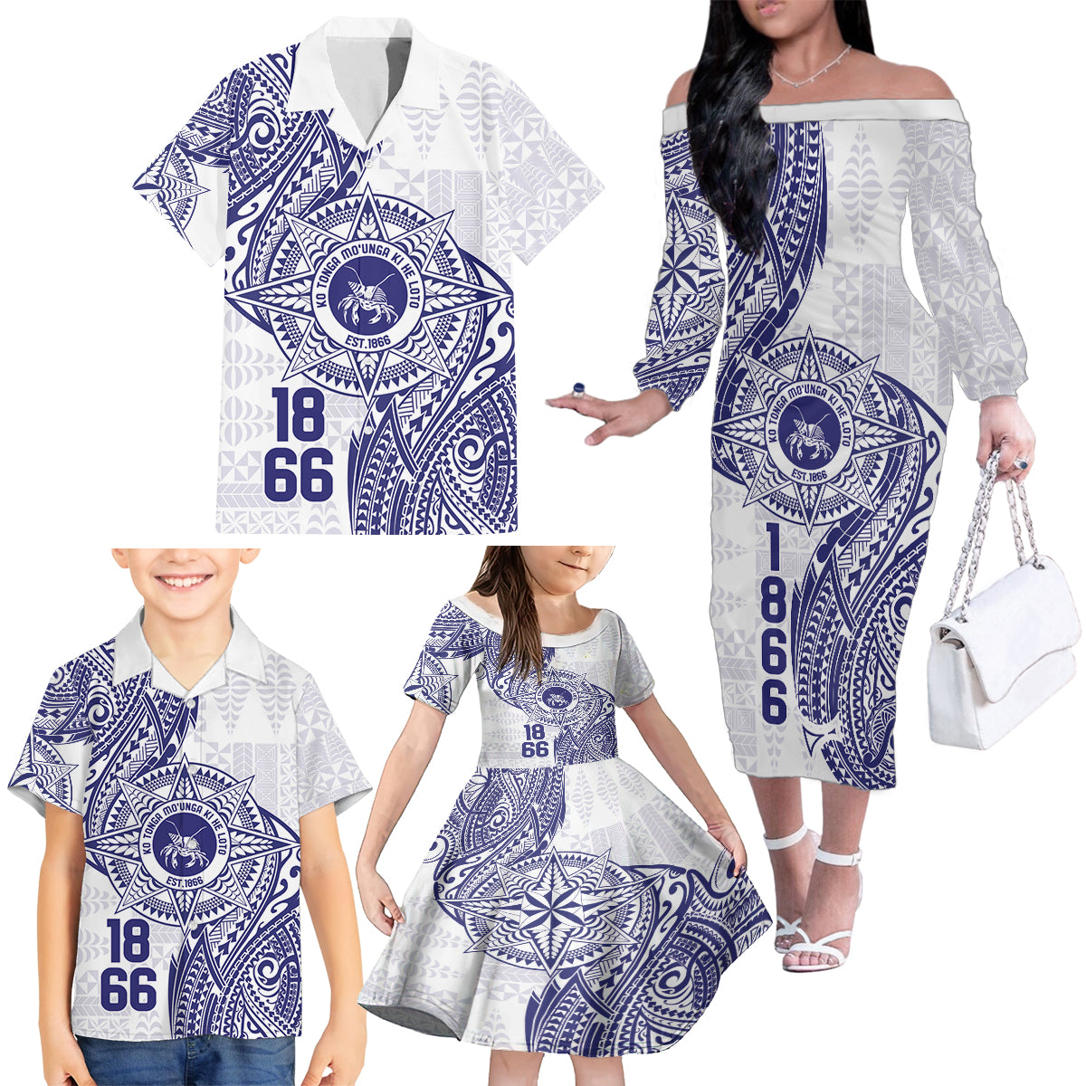 Personalised Tonga Tupou College Tolo Family Matching Off The Shoulder Long Sleeve Dress and Hawaiian Shirt Since 1866 Special Kupesi Pattern