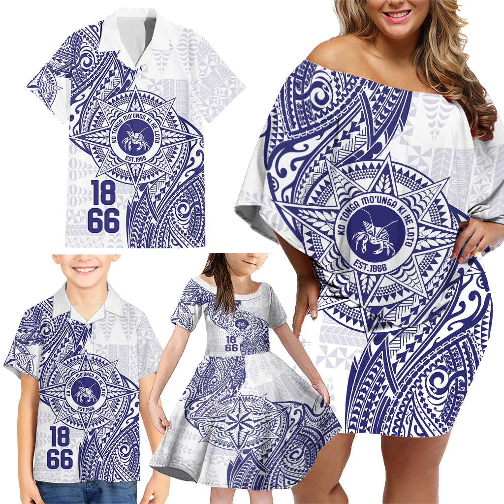 Personalised Tonga Tupou College Tolo Family Matching Off Shoulder Short Dress and Hawaiian Shirt Since 1866 Special Kupesi Pattern