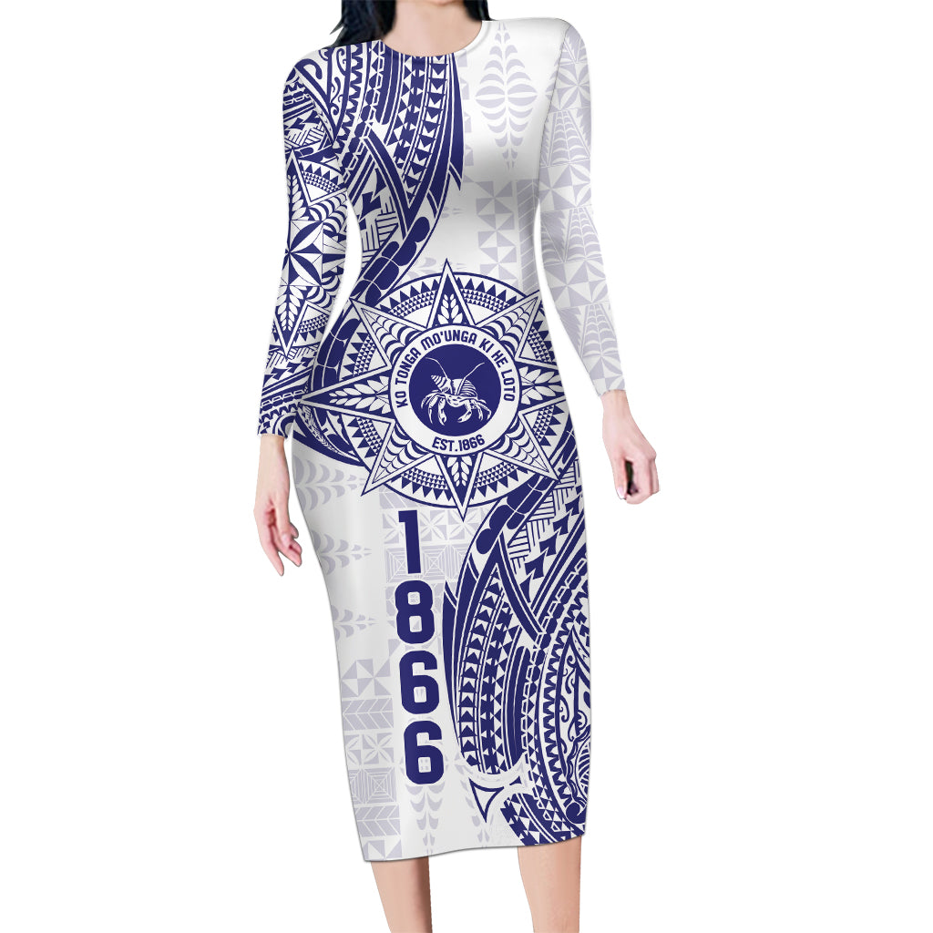 Personalised Tonga Tupou College Tolo Long Sleeve Bodycon Dress Since 1866 Special Kupesi Pattern LT9 Long Dress White - Polynesian Pride