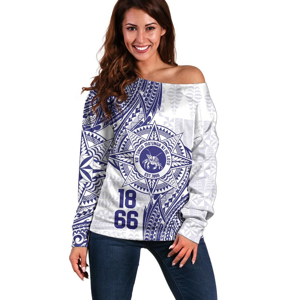 Personalised Tonga Tupou College Tolo Off Shoulder Sweater Since 1866 Special Kupesi Pattern LT9 Women White - Polynesian Pride