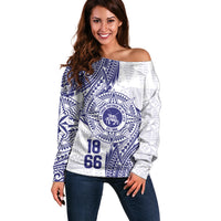 Personalised Tonga Tupou College Tolo Off Shoulder Sweater Since 1866 Special Kupesi Pattern LT9 Women White - Polynesian Pride