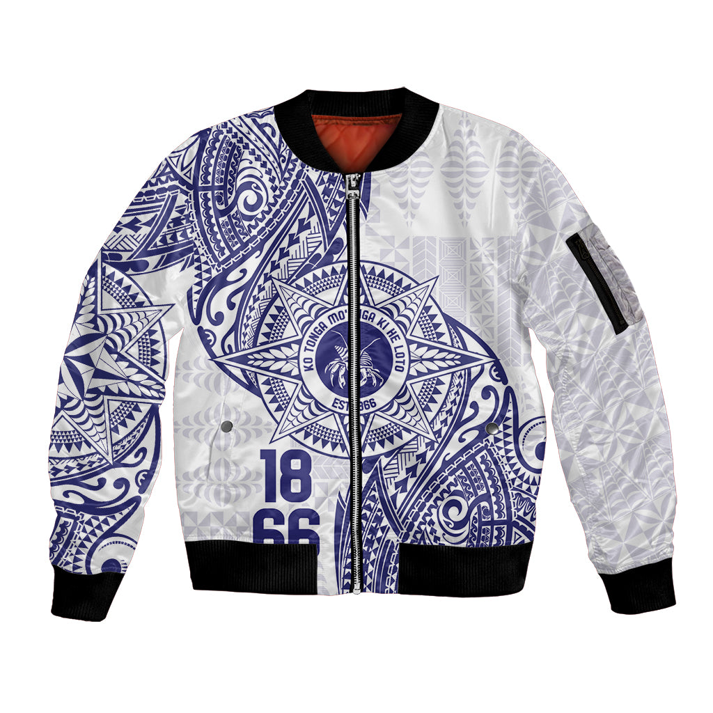 Personalised Tonga Tupou College Tolo Sleeve Zip Bomber Jacket Since 1866 Special Kupesi Pattern LT9 Unisex White - Polynesian Pride