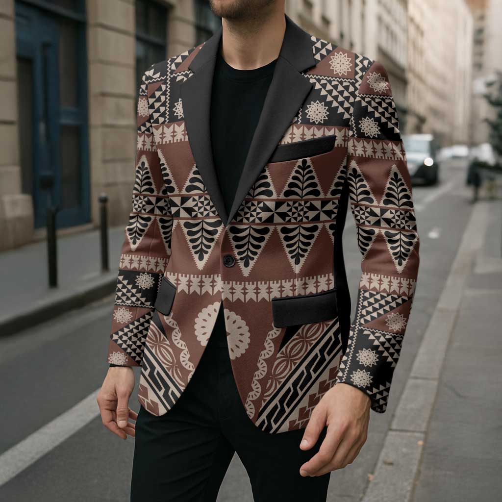 Vintage Bula Fiji Blazer Brown Tapa Masi Motif LT9 - Polynesian Pride