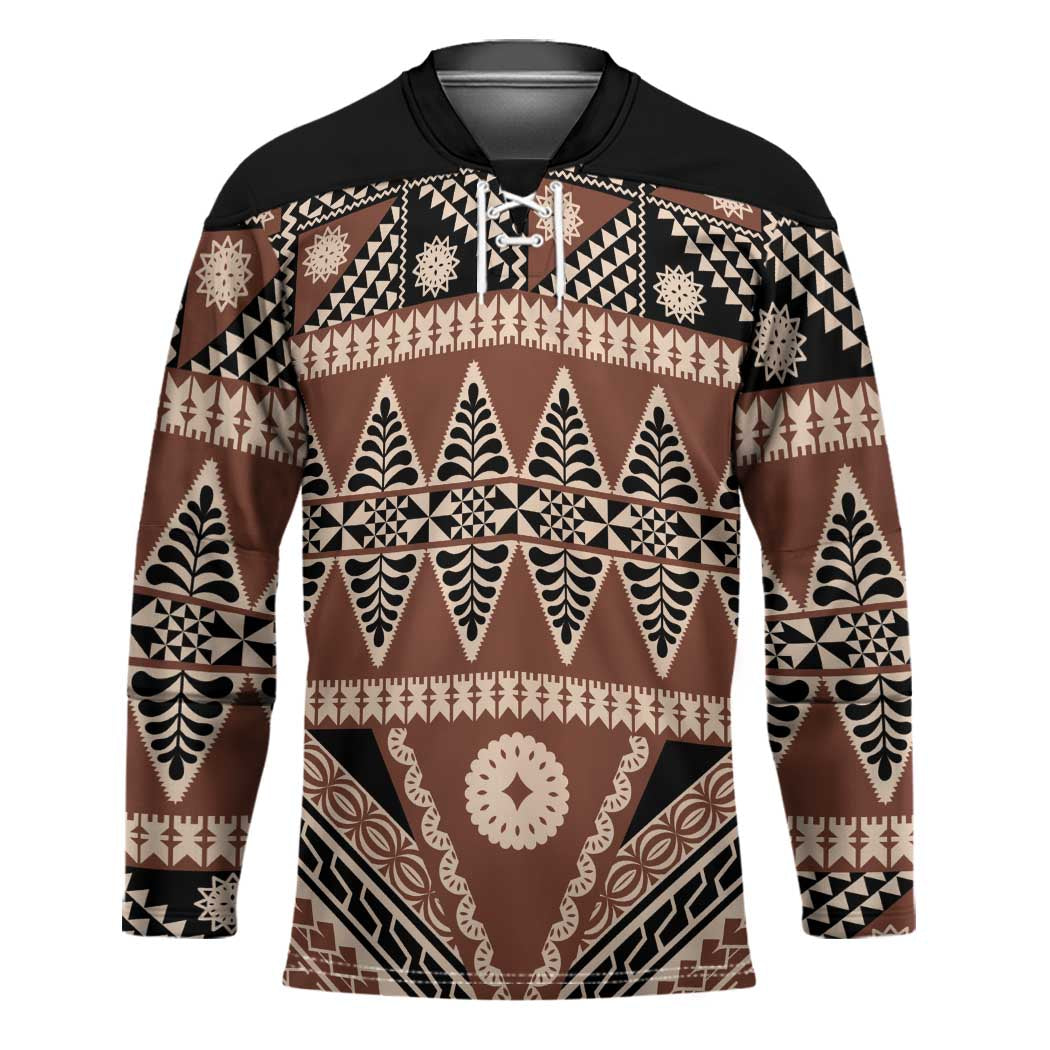 Vintage Bula Fiji Hockey Jersey Brown Tapa Masi Motif LT9 Unisex Brown - Polynesian Pride