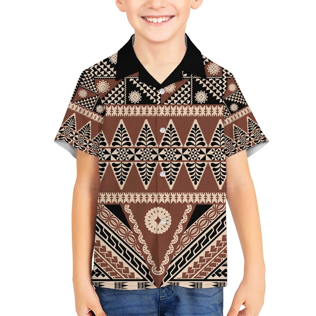 Vintage Bula Fiji Kid Hawaiian Shirt Brown Tapa Masi Motif LT9 Kid Brown - Polynesian Pride