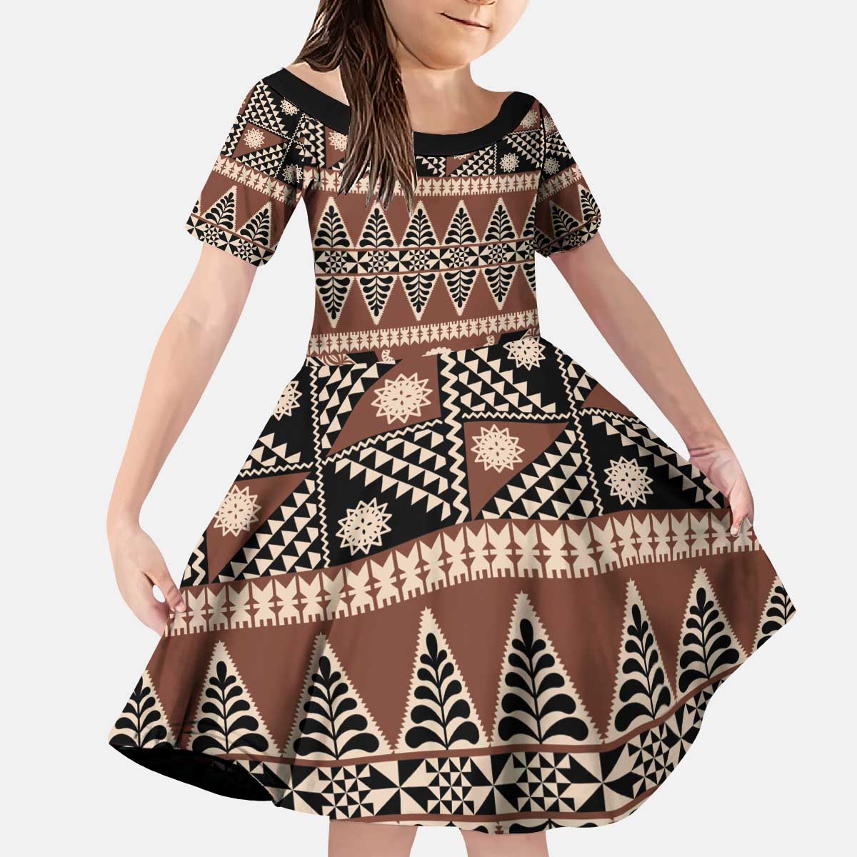 Vintage Bula Fiji Kid Short Sleeve Dress Brown Tapa Masi Motif LT9 KID Brown - Polynesian Pride