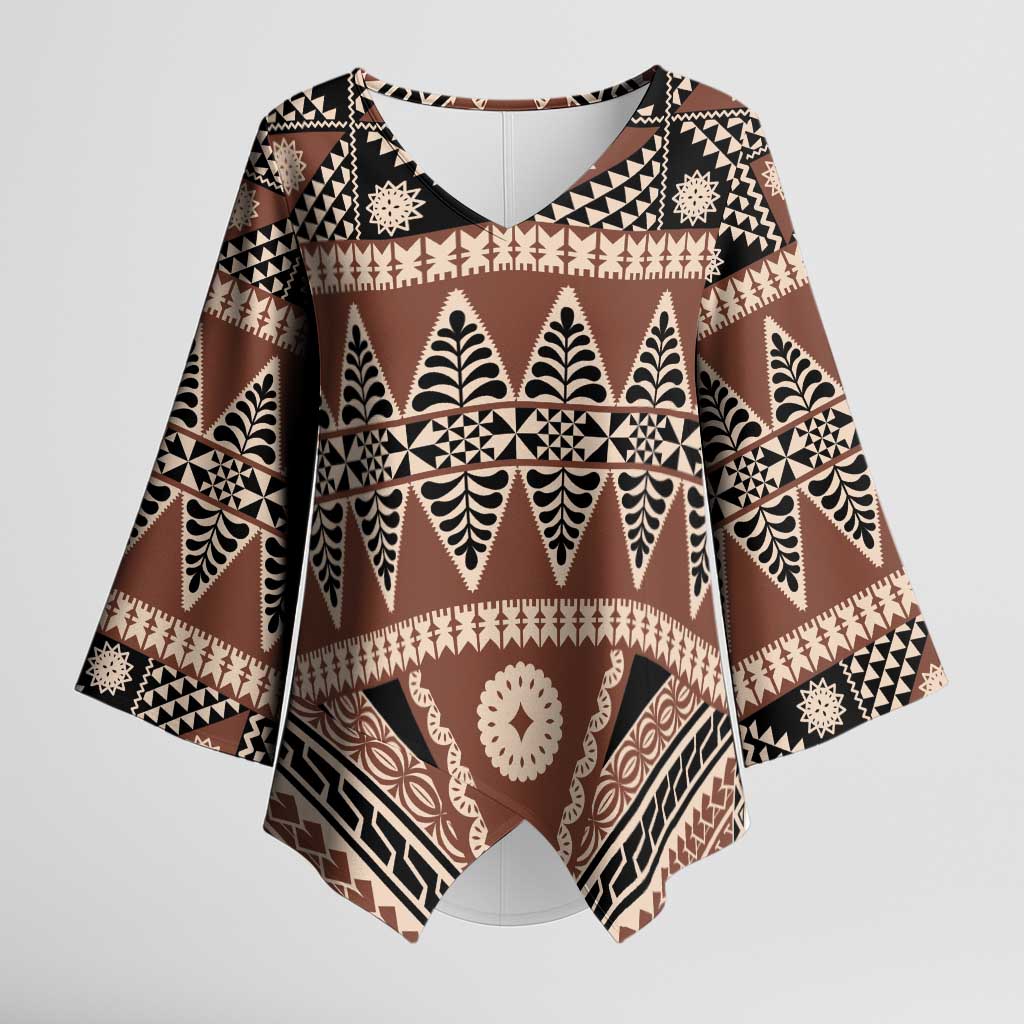 Vintage Bula Fiji Kimono Sleeve Blouse Brown Tapa Masi Motif LT9 Female Brown - Polynesian Pride