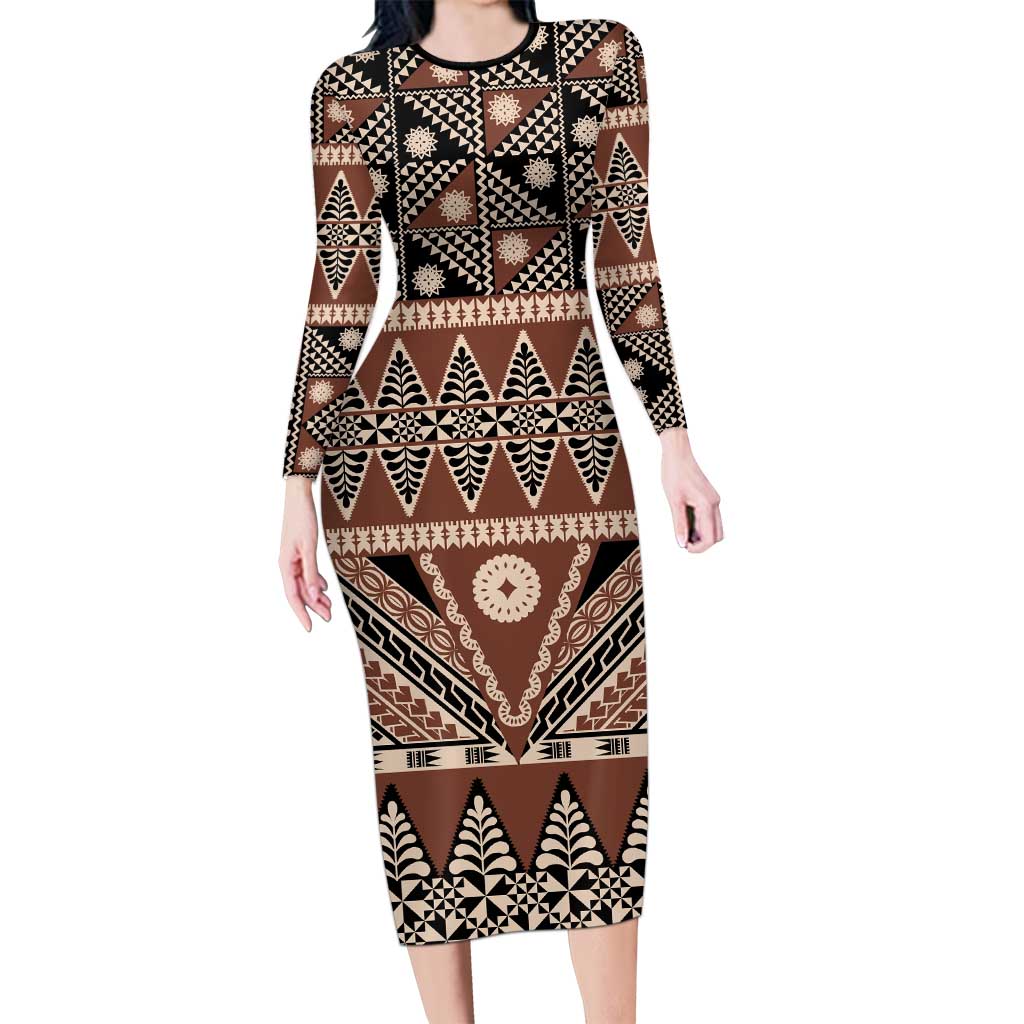 Vintage Bula Fiji Long Sleeve Bodycon Dress Brown Tapa Masi Motif LT9 Long Dress Brown - Polynesian Pride