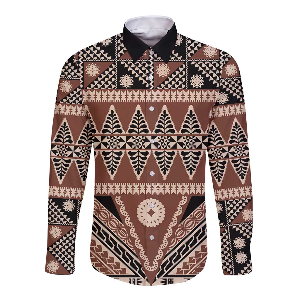 Vintage Bula Fiji Long Sleeve Button Shirt Brown Tapa Masi Motif LT9 Unisex Brown - Polynesian Pride