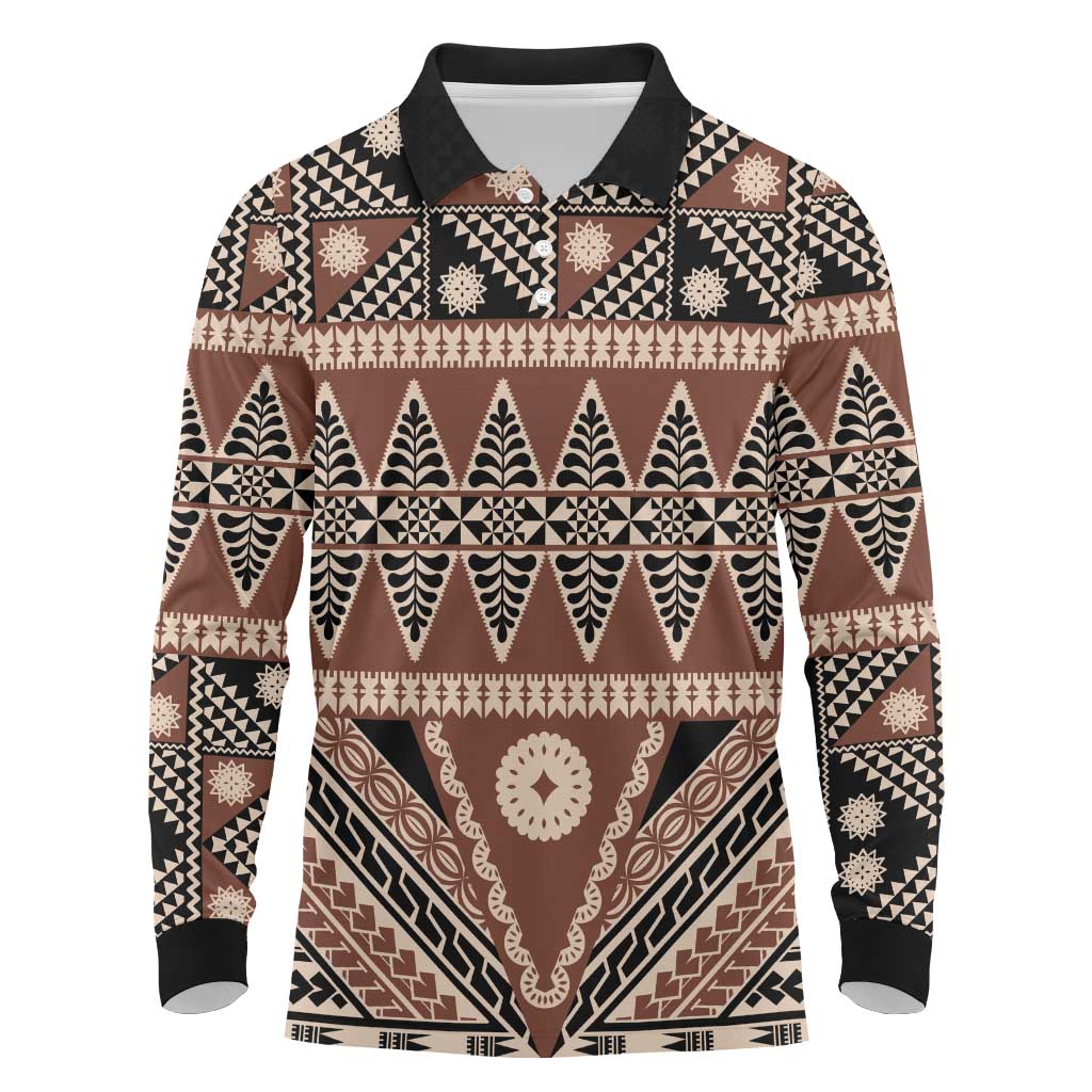 Vintage Bula Fiji Long Sleeve Polo Shirt Brown Tapa Masi Motif LT9 Brown - Polynesian Pride