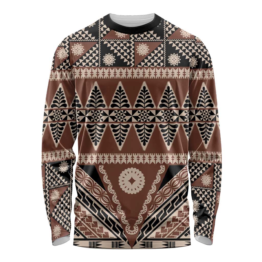 Vintage Bula Fiji Long Sleeve Shirt Brown Tapa Masi Motif LT9 Unisex Brown - Polynesian Pride