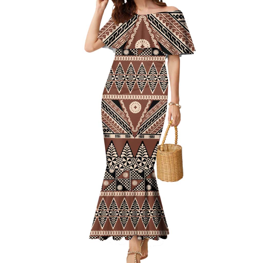 Vintage Bula Fiji Mermaid Dress Brown Tapa Masi Motif LT9 Women Brown - Polynesian Pride