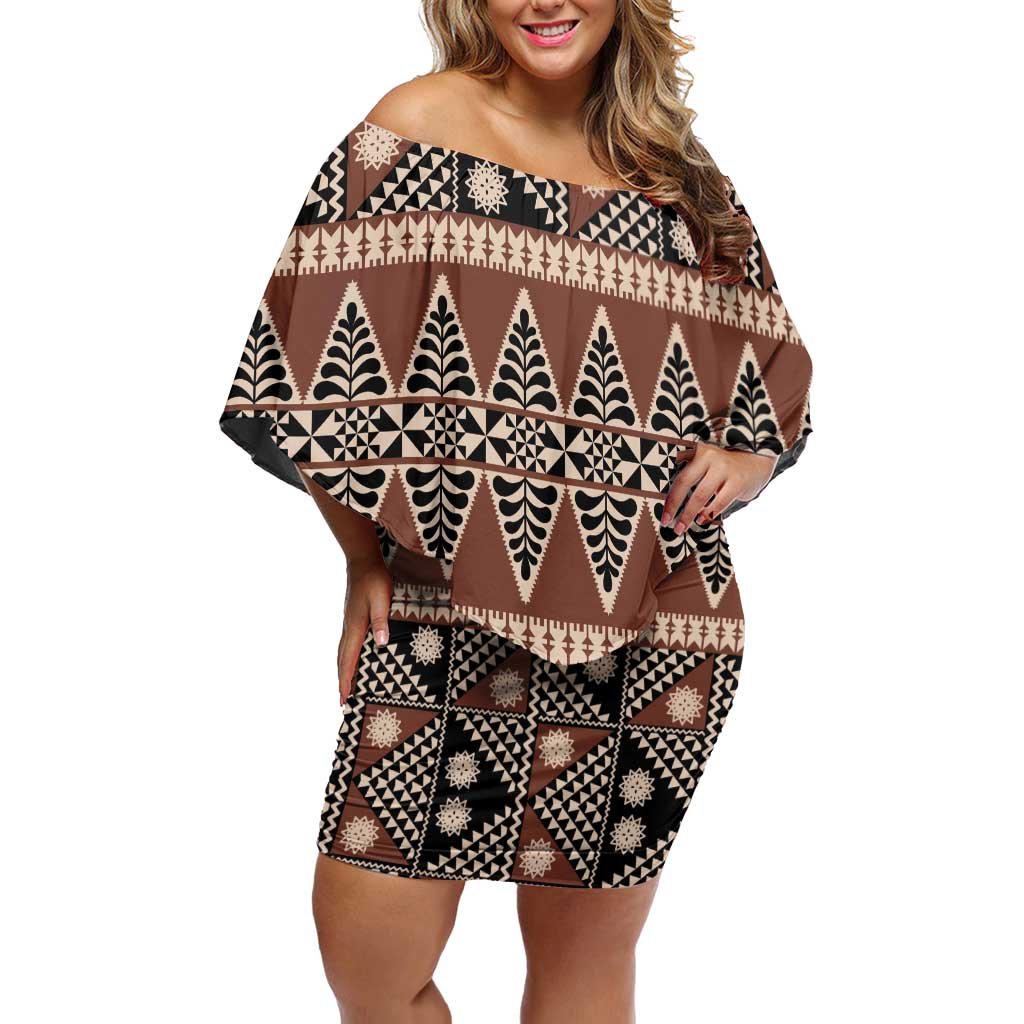 Vintage Bula Fiji Off Shoulder Short Dress Brown Tapa Masi Motif LT9 Women Brown - Polynesian Pride