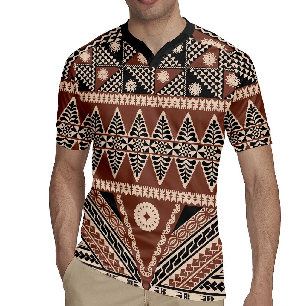 Vintage Bula Fiji Rugby Jersey Brown Tapa Masi Motif LT9 - Polynesian Pride