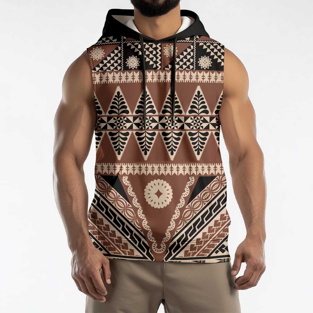 Vintage Bula Fiji Sleeveless Hoodie Brown Tapa Masi Motif LT9 - Polynesian Pride