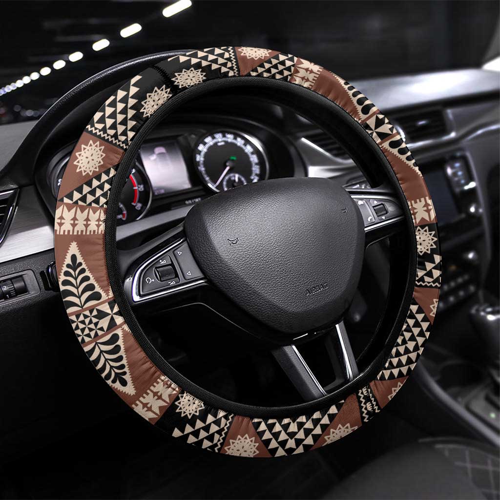 Vintage Bula Fiji Steering Wheel Cover Brown Tapa Masi Motif LT9 Universal Fit Brown - Polynesian Pride