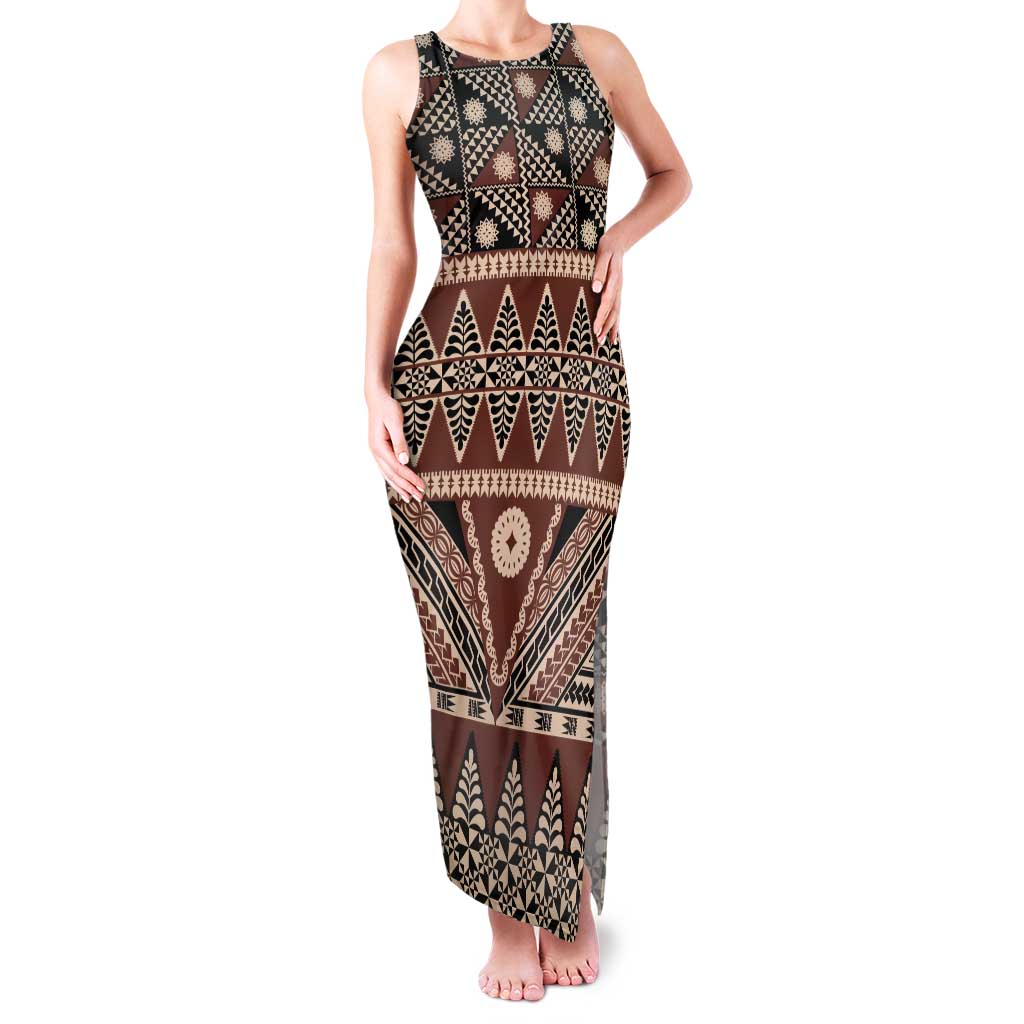 Vintage Bula Fiji Tank Maxi Dress Brown Tapa Masi Motif LT9 Women Brown - Polynesian Pride