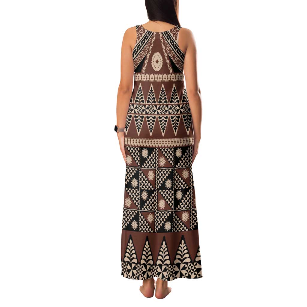Vintage Bula Fiji Tank Maxi Dress Brown Tapa Masi Motif LT9 - Polynesian Pride