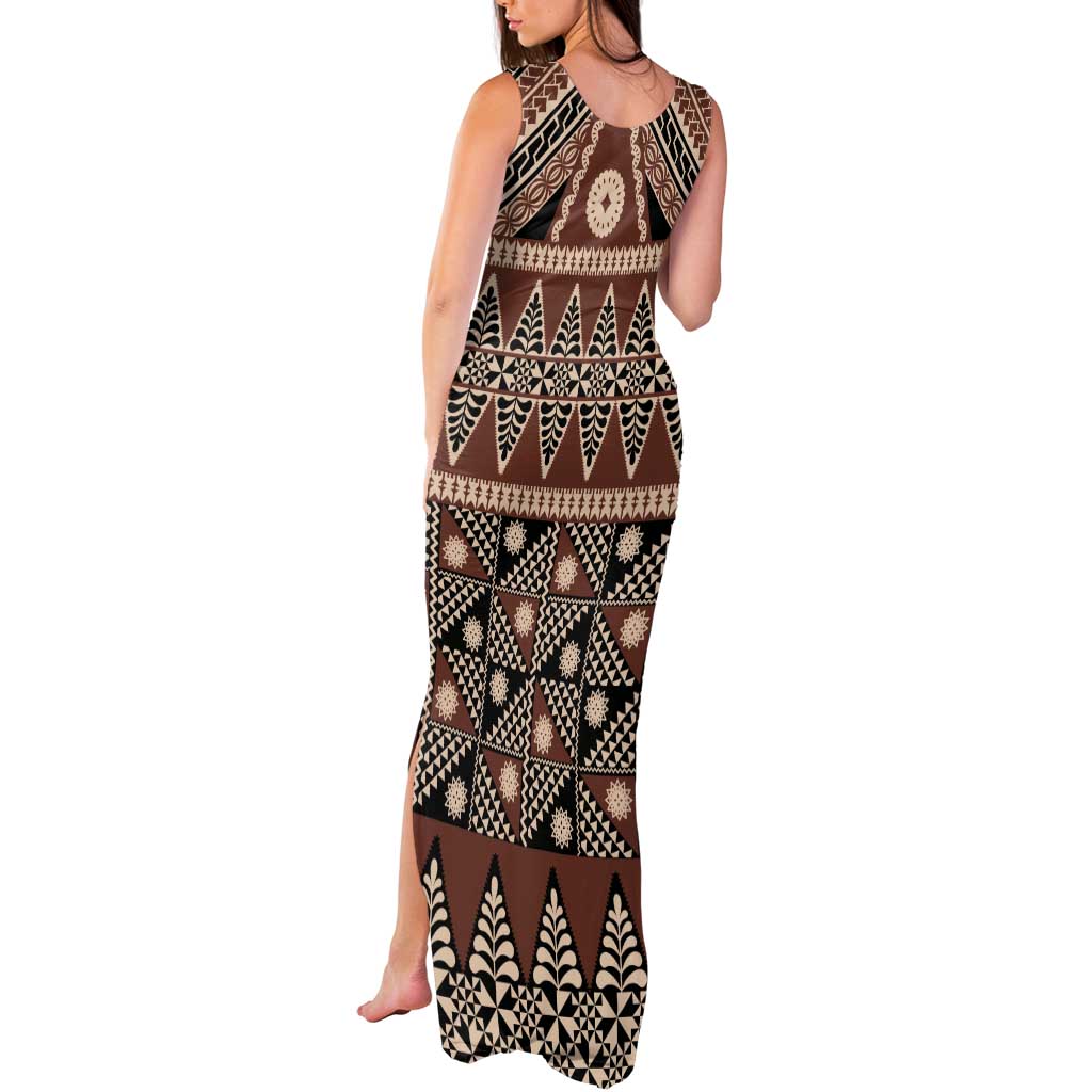 Vintage Bula Fiji Tank Maxi Dress Brown Tapa Masi Motif LT9 - Polynesian Pride