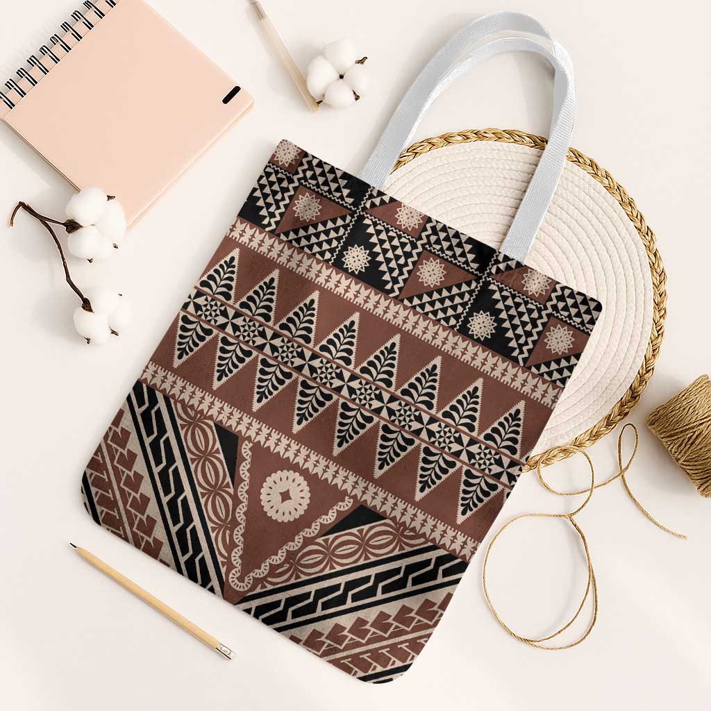 Vintage Bula Fiji Tote Bag Brown Tapa Masi Motif LT9 White Strap One Size Brown - Polynesian Pride