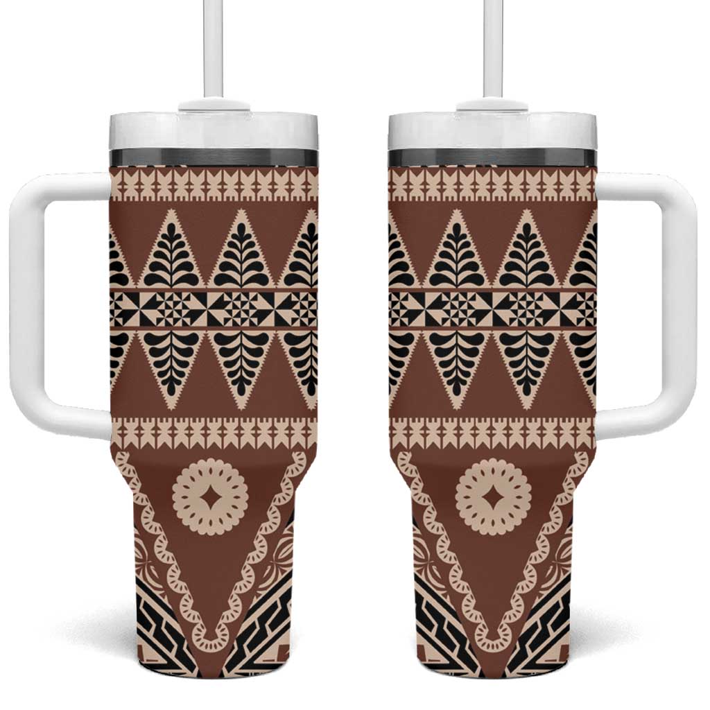 Vintage Bula Fiji Tumbler With Handle Brown Tapa Masi Motif LT9 One Size: 40 oz Brown - Polynesian Pride
