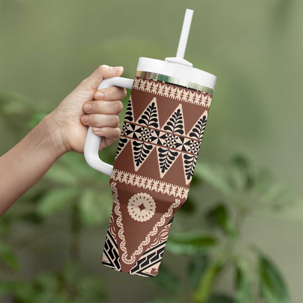 Vintage Bula Fiji Tumbler With Handle Brown Tapa Masi Motif LT9 - Polynesian Pride