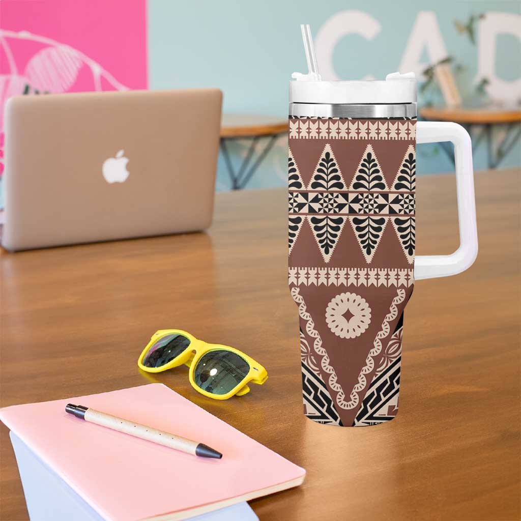 Vintage Bula Fiji Tumbler With Handle Brown Tapa Masi Motif LT9 - Polynesian Pride