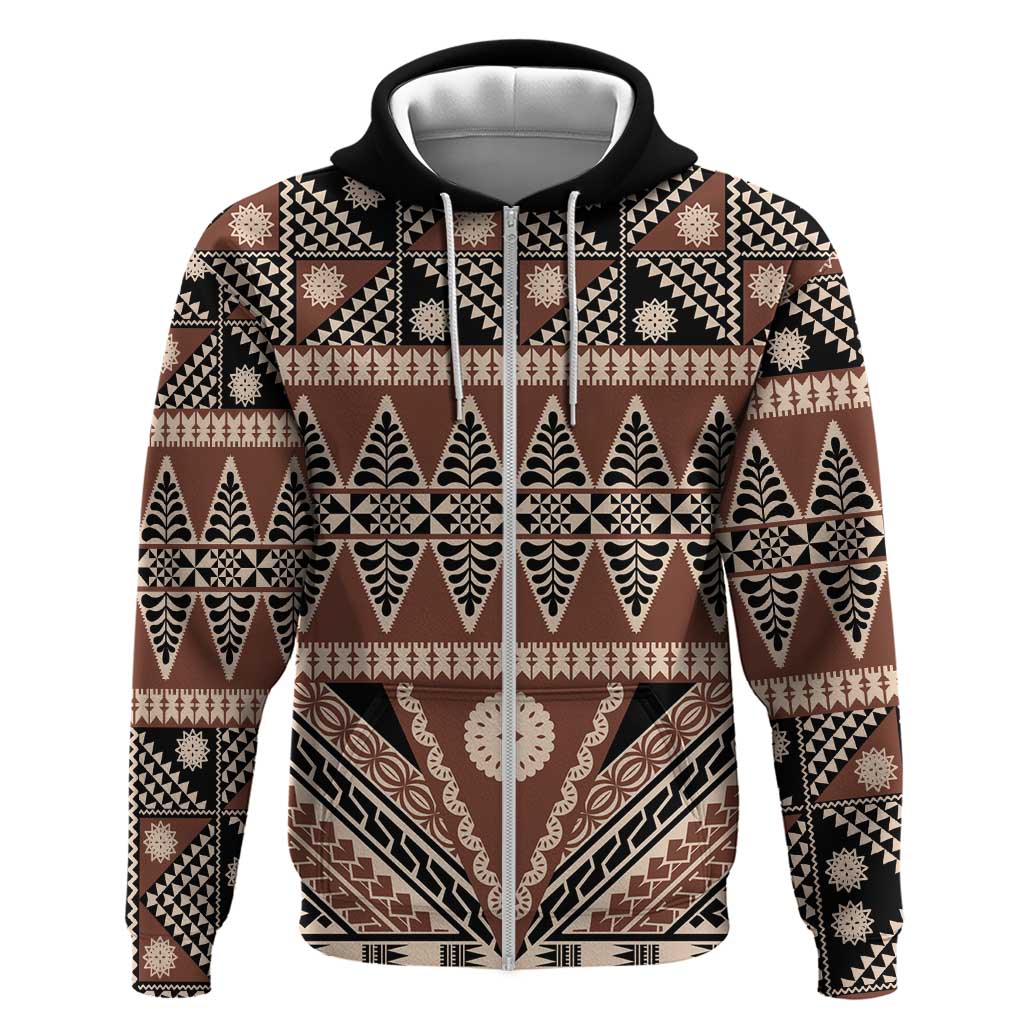 Vintage Bula Fiji Zip Hoodie Brown Tapa Masi Motif LT9 Zip Hoodie Brown - Polynesian Pride