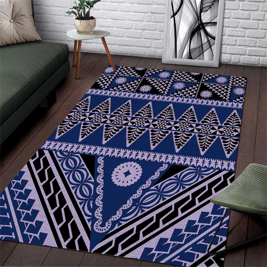 Vintage Bula Fiji Area Rug Prussian Blue Tapa Masi Motif LT9 Blue - Polynesian Pride