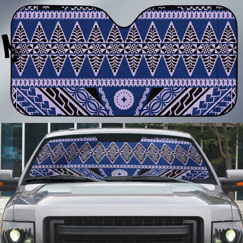 Vintage Bula Fiji Auto Sun Shade Prussian Blue Tapa Masi Motif LT9 Blue - Polynesian Pride