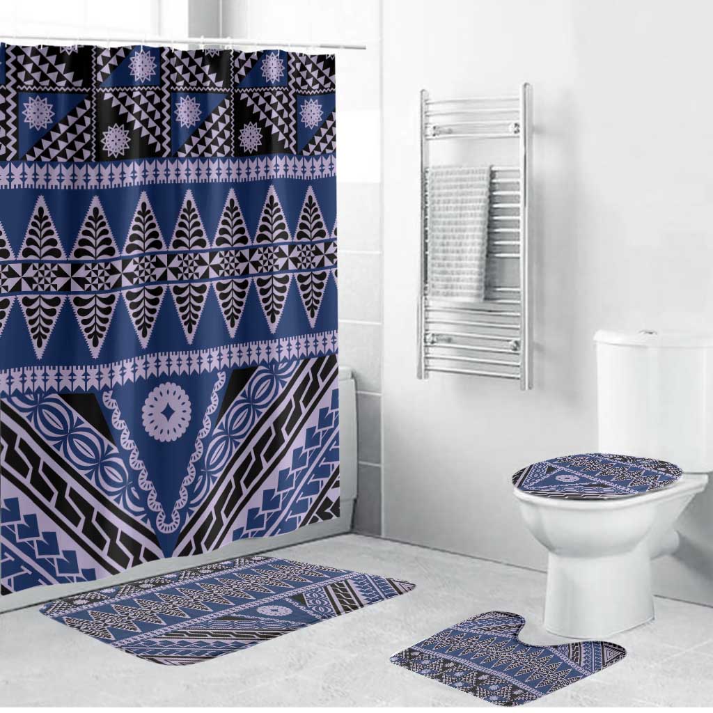 Vintage Bula Fiji Bathroom Set Prussian Blue Tapa Masi Motif LT9 Bathroom Set (4 pcs) Blue - Polynesian Pride