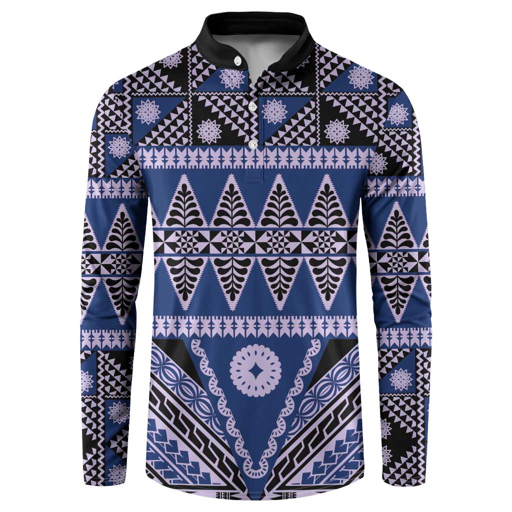 Vintage Bula Fiji Button Sweatshirt Prussian Blue Tapa Masi Motif LT9 Blue - Polynesian Pride