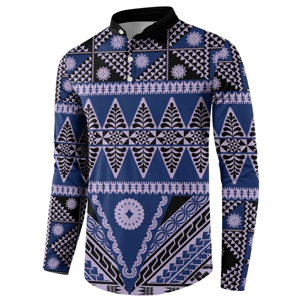 Vintage Bula Fiji Button Sweatshirt Prussian Blue Tapa Masi Motif LT9 - Polynesian Pride