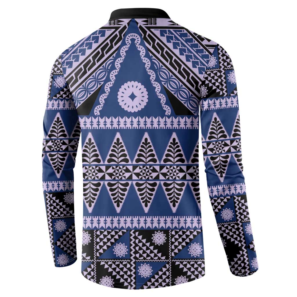 Vintage Bula Fiji Button Sweatshirt Prussian Blue Tapa Masi Motif LT9 - Polynesian Pride