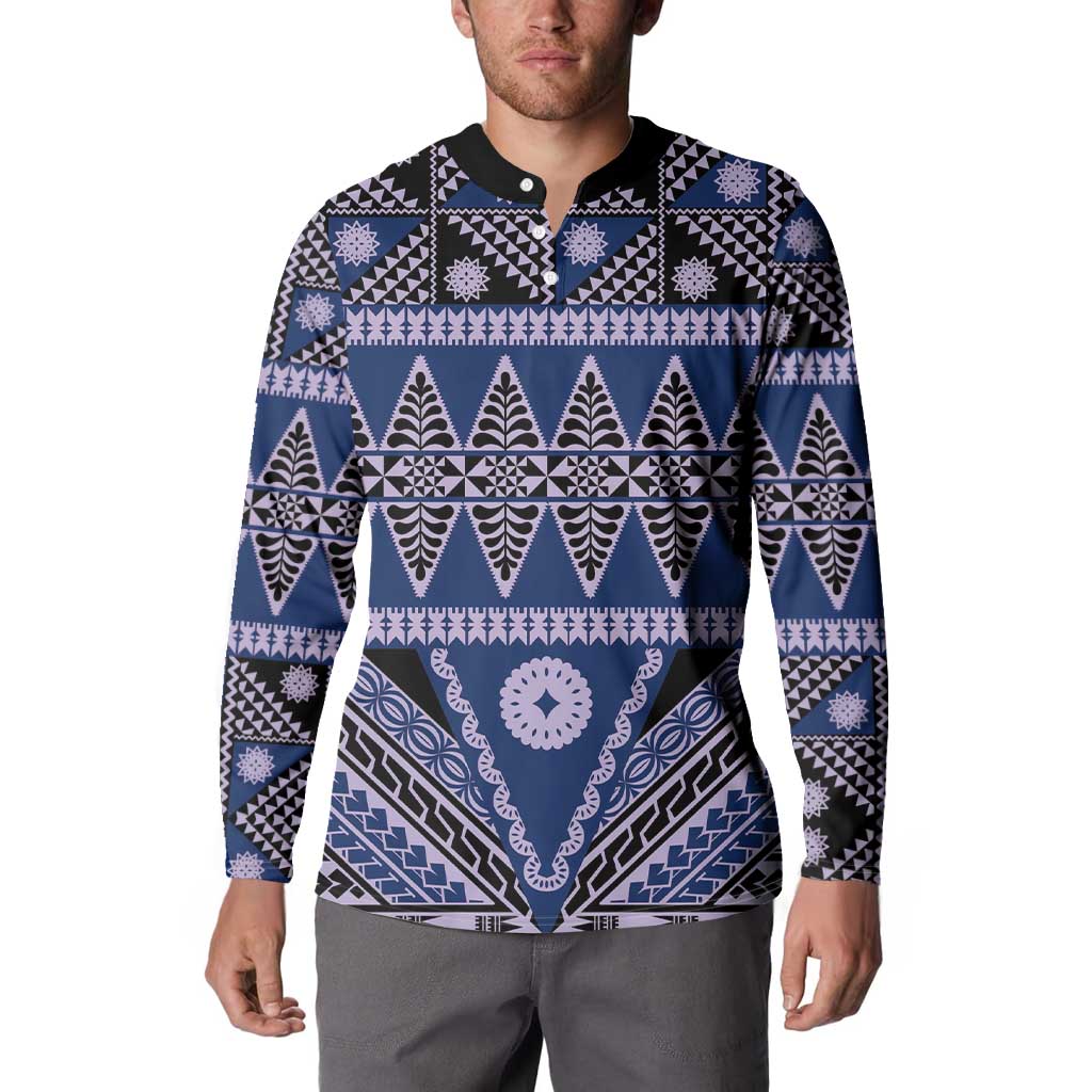 Vintage Bula Fiji Button Sweatshirt Prussian Blue Tapa Masi Motif LT9 - Polynesian Pride