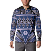 Vintage Bula Fiji Button Sweatshirt Prussian Blue Tapa Masi Motif LT9 - Polynesian Pride