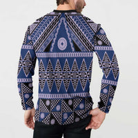 Vintage Bula Fiji Button Sweatshirt Prussian Blue Tapa Masi Motif LT9 - Polynesian Pride