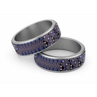 Vintage Bula Fiji Classic Ring Prussian Blue Tapa Masi Motif LT9 Sliver Blue - Polynesian Pride