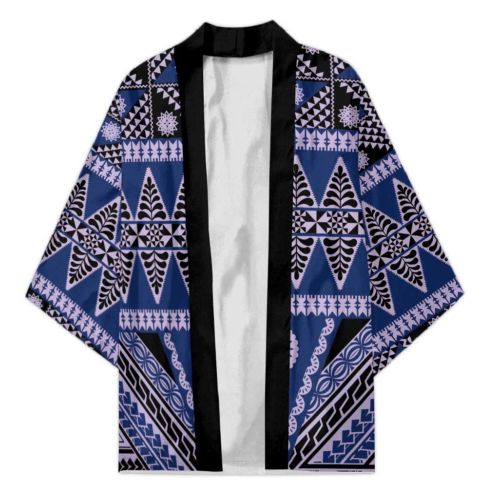 Vintage Bula Fiji Kimono Prussian Blue Tapa Masi Motif LT9 Unisex Blue - Polynesian Pride