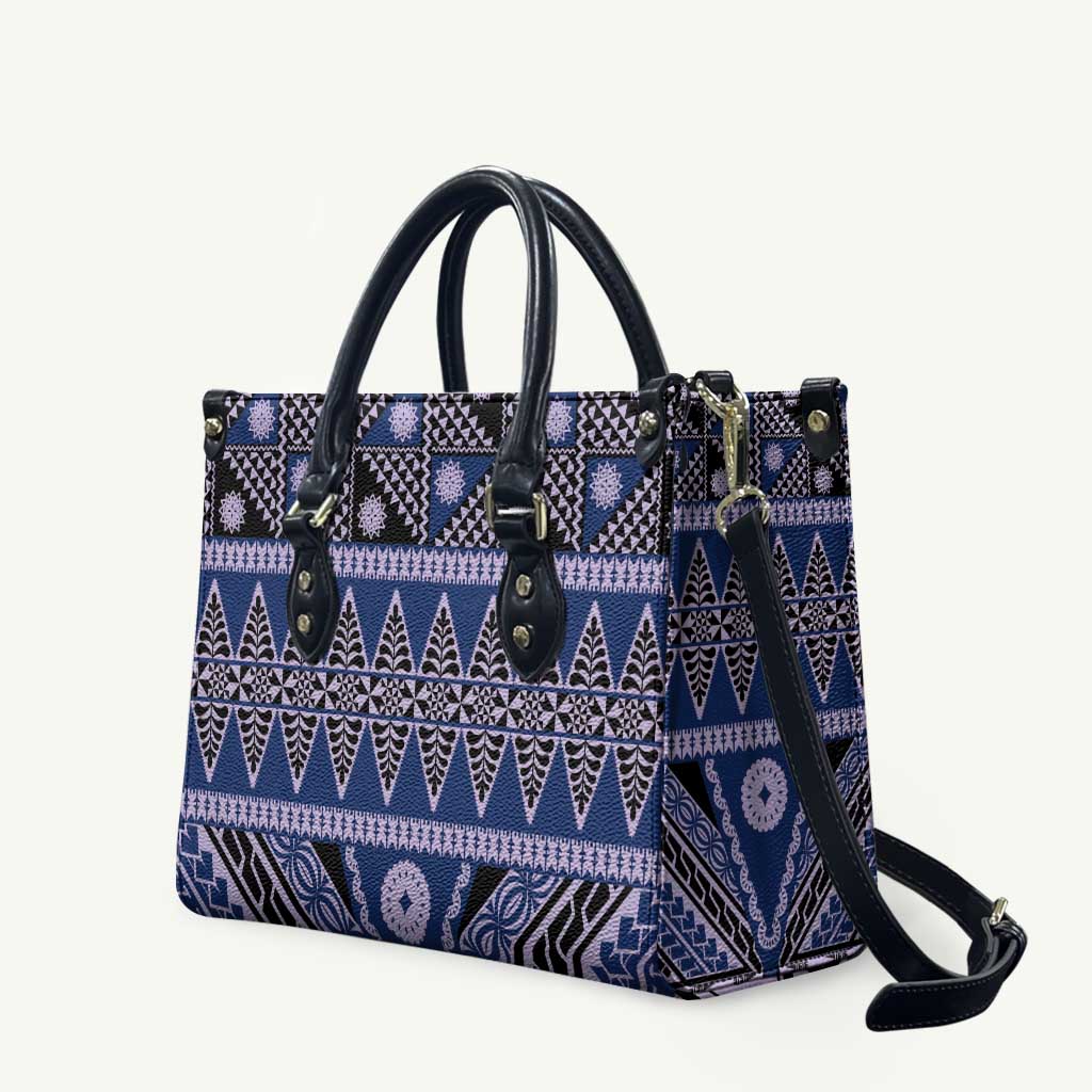 Vintage Bula Fiji Leather Bag Prussian Blue Tapa Masi Motif LT9 Blue - Polynesian Pride