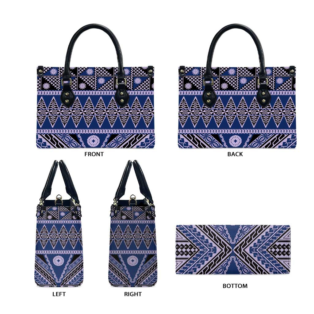 Vintage Bula Fiji Leather Bag Prussian Blue Tapa Masi Motif LT9 - Polynesian Pride