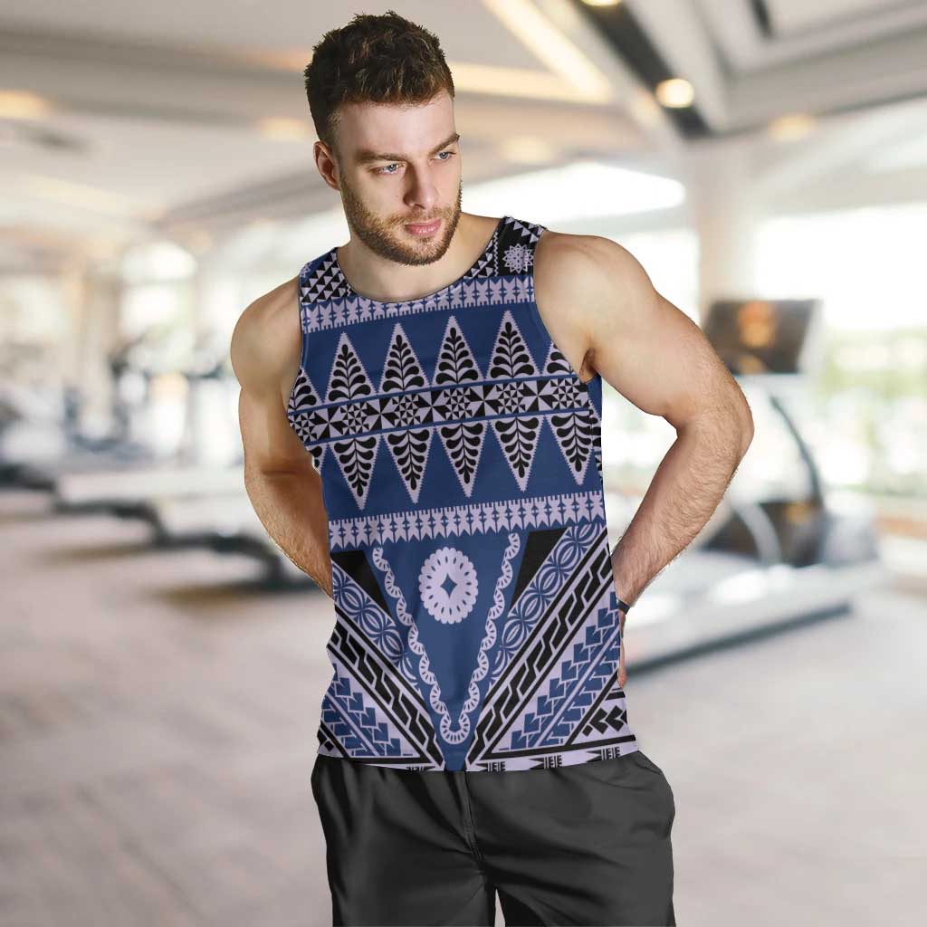 Vintage Bula Fiji Men Tank Top Prussian Blue Tapa Masi Motif LT9 Blue - Polynesian Pride