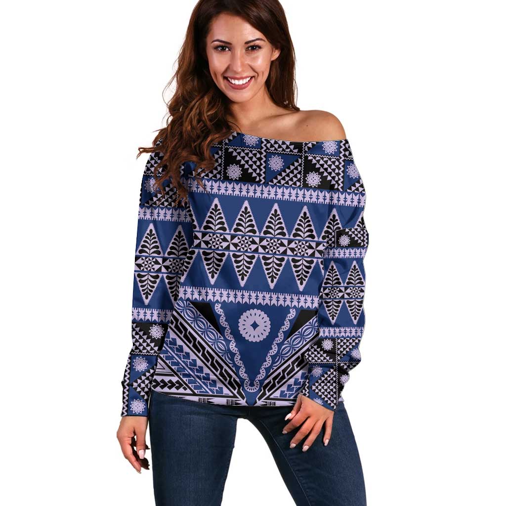 Vintage Bula Fiji Off Shoulder Sweater Prussian Blue Tapa Masi Motif LT9 Women Blue - Polynesian Pride