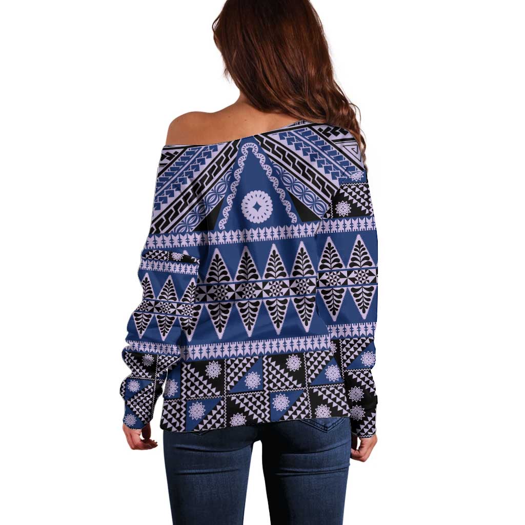 Vintage Bula Fiji Off Shoulder Sweater Prussian Blue Tapa Masi Motif LT9 - Polynesian Pride