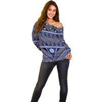 Vintage Bula Fiji Off Shoulder Sweater Prussian Blue Tapa Masi Motif LT9 - Polynesian Pride
